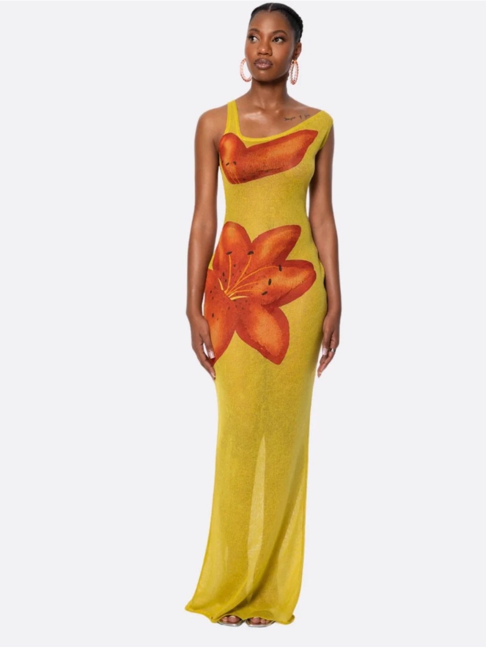 Hanifa Yellow One-Shoulder Maxi Dress with Orange Floral Motif